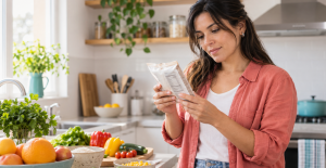 Mujer revisando la etiqueta de un alimento para comprobar si contiene gluten