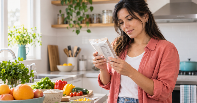 Mujer revisando la etiqueta de un alimento para comprobar si contiene gluten