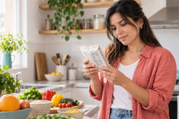 Mujer revisando la etiqueta de un alimento para comprobar si contiene gluten